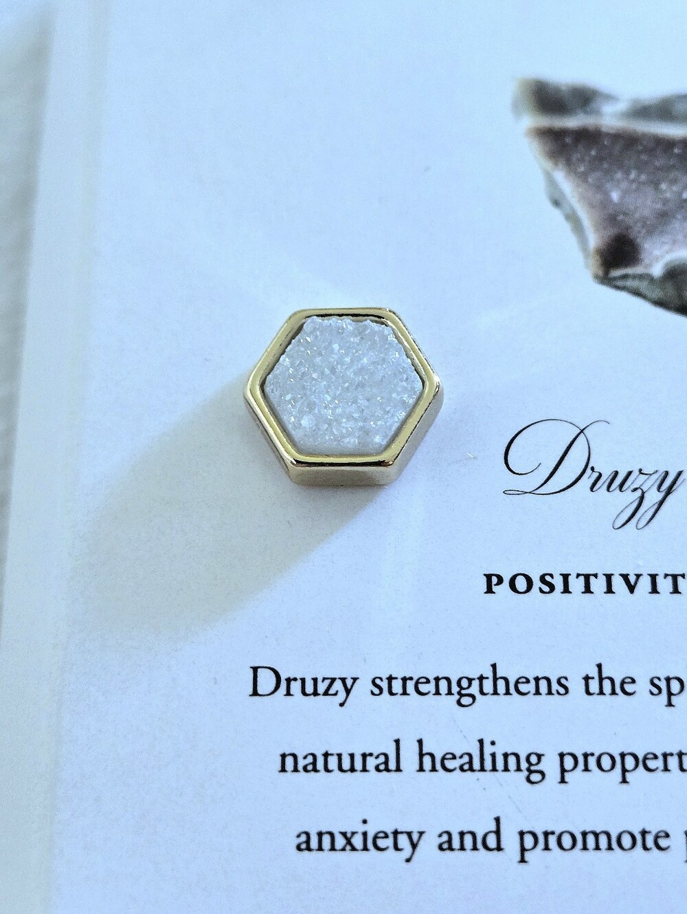 Luna🌙 Norte White Druzy Quartz Hexagon Earrings - Picture 15 of 16
